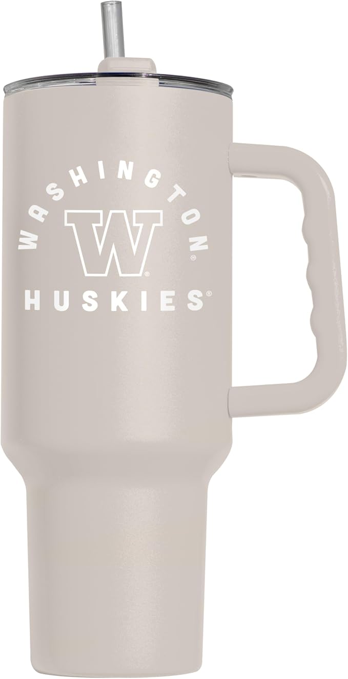 Logo Brands NCAA Washington Huskies Sand 40 oz Tumbler with Handle - Stylish Everyday Use Powder Coated-Stainless Steel with Straw- Keeps Cold For Hours