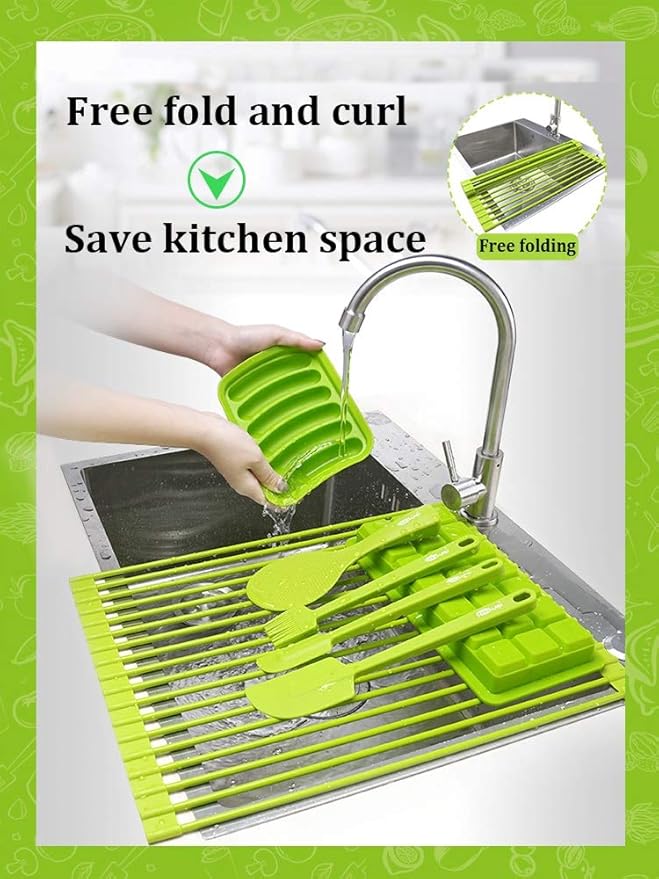 Green Creative Roll-Up Dish Drying Rack Stainless Steel and Silicone Dish Drying Mat Convenient Over The Sink Foldable Drain Rack - 43x33cm(52 * 33cm)