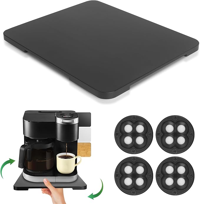 360° Rolling Tray Bamboo Appliance Slider for Kitchen Appliances, Coffee Maker Mat Tray for Countertops Sliding Tray for Coffee Maker Appliances Mat Easily from Under The Cabinet Black 11.6×13.9