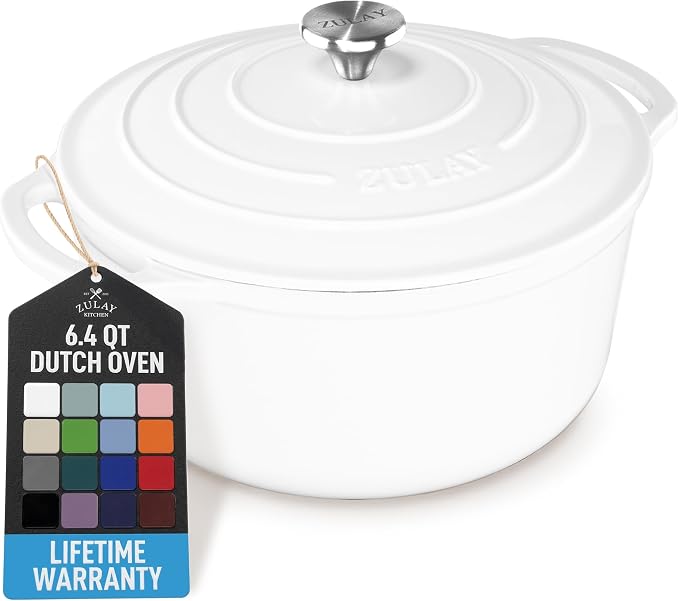 Zulay Kitchen 6.4QT Enameled Cast Iron Dutch Oven Pot with Lid, Heavy-Duty Soup Pot for Stews, Braising, Roasting & Sourdough Bread Baking, Oven Safe up to 500°F - White