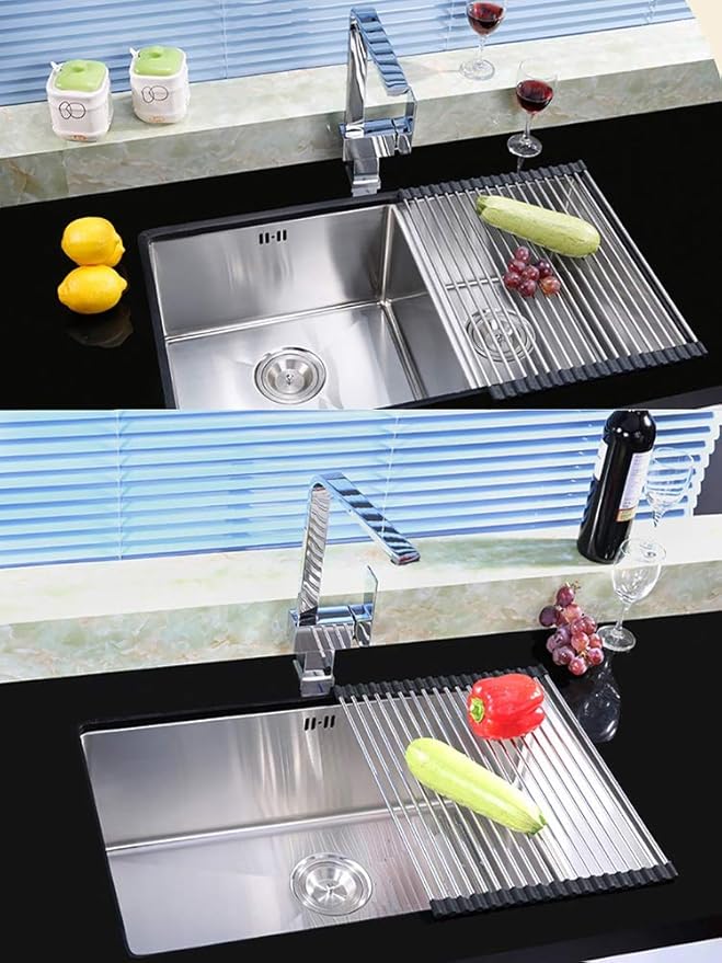 Foldable Roll Up Dish Drying Rack Drain Board Colander Mat and Dry Dishes Over The Sink Multipurpose Silicone Stainless Steel Dishes Drainer - 2pcs