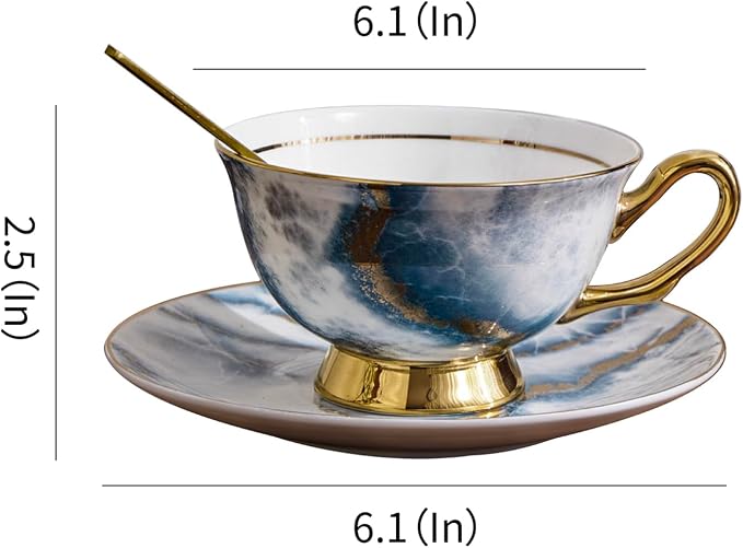 7oz Bone China Coffee Cup Saucer Spoon Set of 2 Iridescent Electro-optic Texture with Gold Rim Elegant Porcelain Tea Coffee Mug Set for Latte Cappuccino Gift for Women Home Wedding