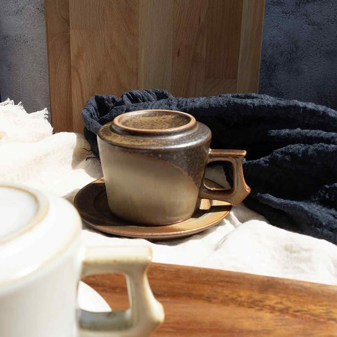 8oz Rustic Glaze Stoneware Coffee Cup & Saucer, Vintage Ceramic Mug Set, Microwave & Dishwasher Safe, Novelty Aesthetic Tea Cup, Unique Gifts Men and Women