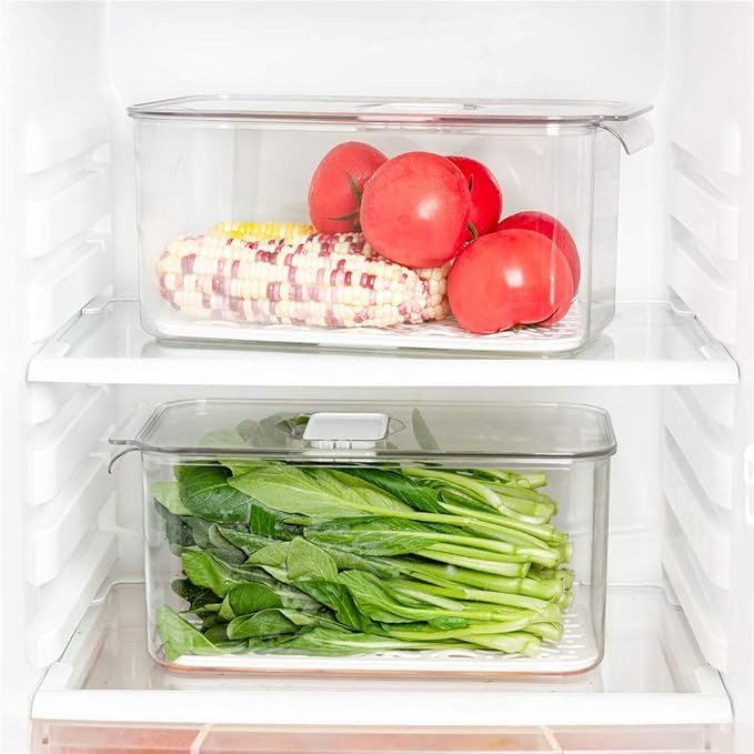 SANNO Produce Saver Refrigerator Organizer Bins with Lids And Removable Drain Tray Food Storage Container Fridge Stackable Freezer Bins For Kitchen Produce Fruit Vegetable (Set of 2)