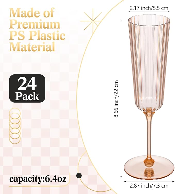 Jingmore 24 Pcs Plastic Ribbed Champagne Flutes With Stem, 6.4 oz Clear Vintage Disposable Vintage Glasses for Wedding Birthday Anniversary (Champagne Power)