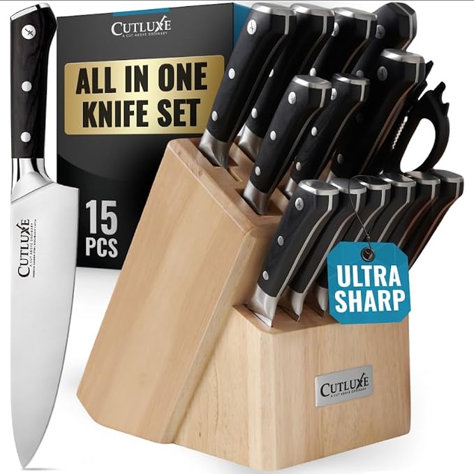 Cutluxe 15-Piece Knife Set – Premium Rubberwood Wood Block – Knife Set for Kitchen, Ultra Sharp High Carbon German Stainless Steel, Full Tang – Artisan Series