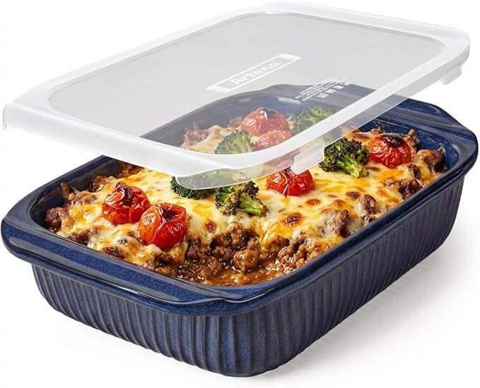 Artena Baking Dish 5.1 Quarts, Casserole Dishes For Oven, Baking Pan With Handles, Lasagna Pan Deep, Large Casserole Dish, Rectangular Ceramic Bakeware (Blue, With Lid)