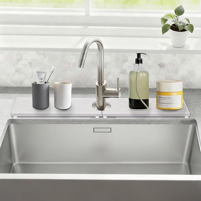 Stone Faucet Mat for Kitchen Sink, Diatomite Drying Stone Tray Sink Protector, Water-Absorbing Splash Guard, 2 Pieces Faucet Mat Together with Sandpaper, Prevent Moisture on Kitchen Bathroom Counter