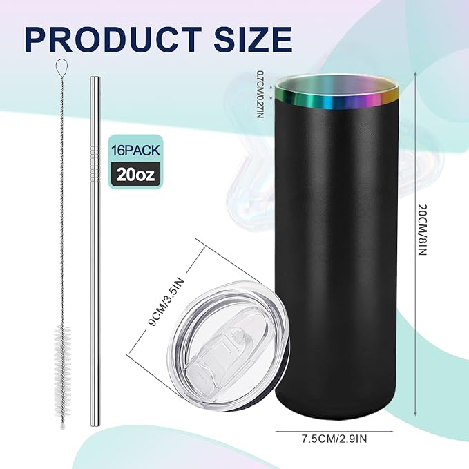 YOUKE OLA 16 Pack Rainbow Plated Stainless Steel Tumbler Straight Double Wall Powder Coated for Laser Engrave, 20oz Black To Iridescent
