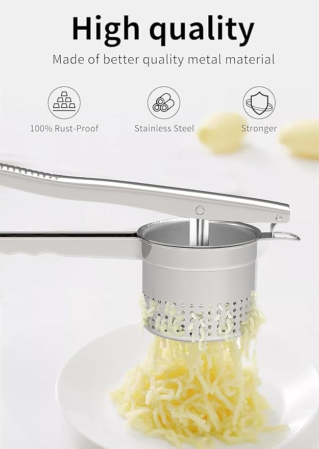 GloTika Large 15oz Potato Ricer with 3 Interchangeable Discs, Heavy Duty Stainless Steel Potato Masher with Ergonomic Handle, Masher and Ricer Kitchen Tool for Mashed Potatoes, Noodle Maker