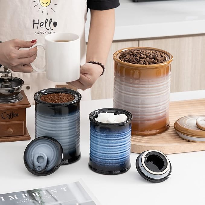 Nihow Food Storage Jar,Ceramic Canister Sets for The Kitchen,Set of 3,Blue | Air Tight Lid,Seal Damp-proof,For Flour/Sugar/Rice/Coffee/Cookies/Candy,Kitchen Counter Canister/Dishwasher Safe