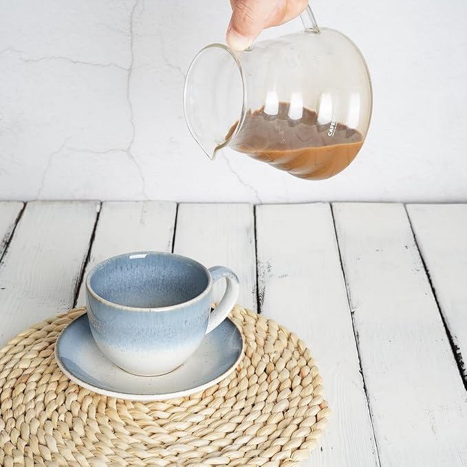 Bosmarlin Ceramic Cappuccino Cup and Saucer Set of 2, 10 Oz, Dishwasher and Microwave Safe, Coffee Cups for Latte, Espresso, Tea, Reavtive Glaze (Blue)