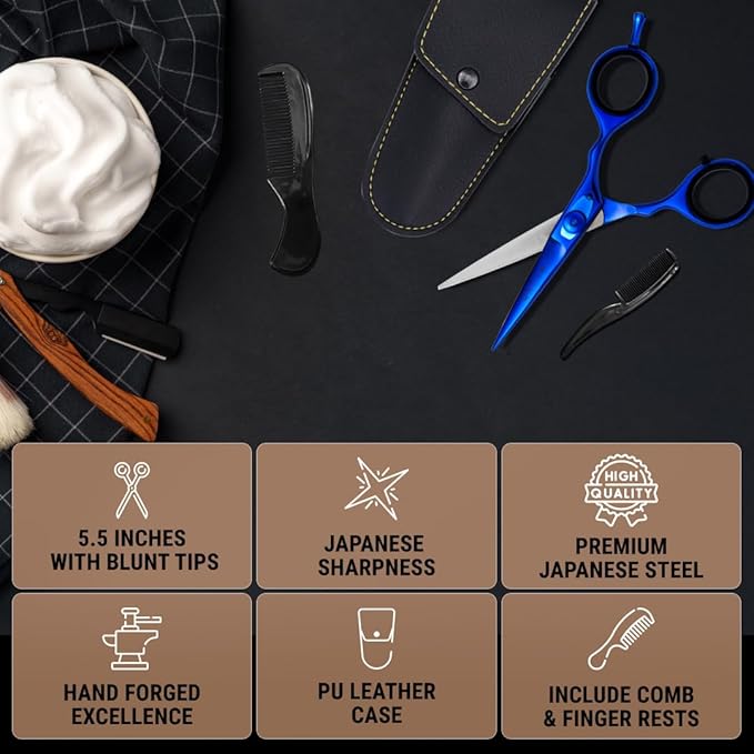 Ontaki Beard & Mustache Scissors for Men - 5.5" Japanese Steel, Midnight Blue - Sharp Blades, Ergonomic Finger Rest & Adjustable Tension Screw for Perfect Trimming - Beard Scissors for Men