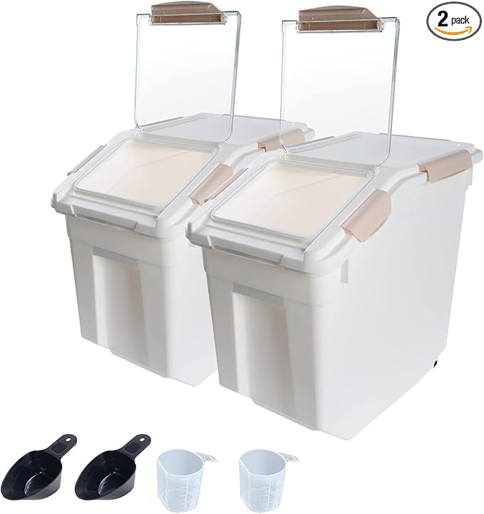 2Pack Airtight Flour Storage Container 25 lb Rice Storage Container with Wheels Seal Locking Lid, Dog Food Containers with Measuring Cup& Scoop for Flour, Rice, Grain, (Pink)