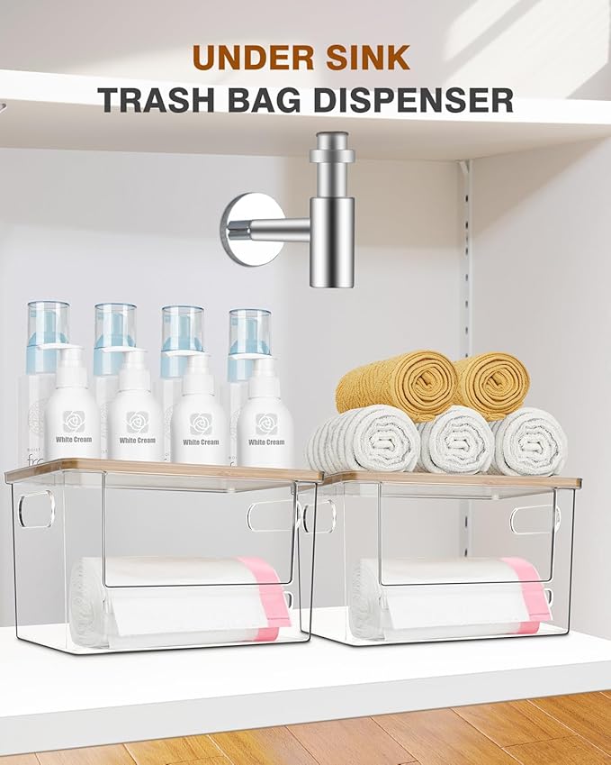 Trash Bag Dispenser 2 Pack, Stackable Acrylic Garbage Bags Dispenser with Bamboo Lid, Extra Large Clear Under Sink Organizer for 13/30/33 Gallon Bags, Kitchen, Cabinet, Laundry Room Storage