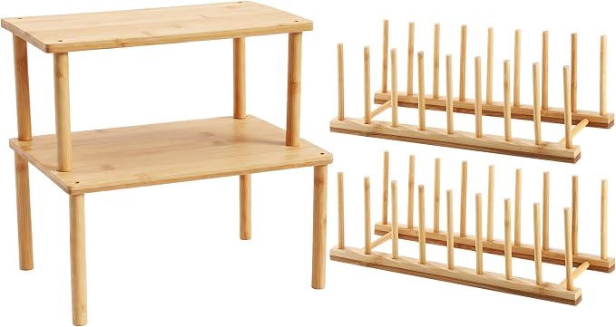 Marsui 4 Pcs Kitchen Organizer Accessories Set Cabinet Organizer Shelf and Bamboo Dish Drying Plate Rack Counter Shelves Storage Holder for Spice Rack, Dish, Pot Lid, Bowl, Cup (Wood Color)