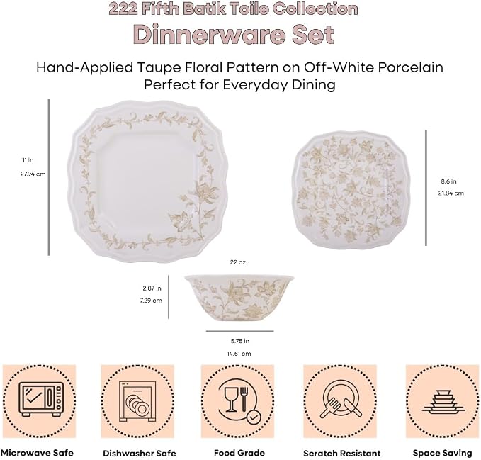 222 Fifth 12-Piece Porcelain Dinnerware Set for 4, Glossy Cream Plates and Bowls Set with Taupe Flowers, Elegant Square Ceramic Dish Set, Kitchen Tableware, Microwave & Dishwasher Safe, Batik Toile