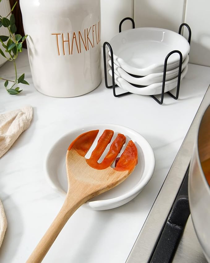 LE TAUCI Ceramic Spoon Rest with Holder, 4.8 Inches Spoon Rest for Stove Top, Utensil Rest for Kitchen Counter, Coffee Spoon Holder, Set of 4, White
