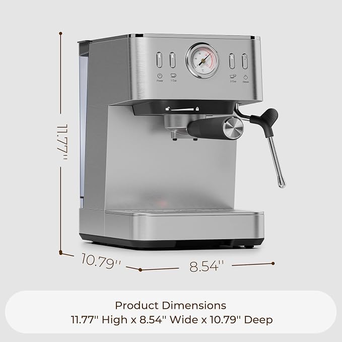 Espresso Machine with Temperature Display, 20 Bar Stainless Steel Espresso Maker with Milk Frother, Small Cappuccino & Latte Machine with 50oz Removable Water Tank for Home, Silver