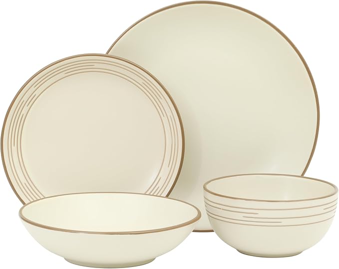 Gibson Home Chiswick House 16-Piece Stoneware Dinnerware Set, Round Plates and Bowls Set for 4, White with Wax Relief Embossed Rim Detail, Dishwasher Safe – Dinner Plate, Salad Plate & Cereal Bowl
