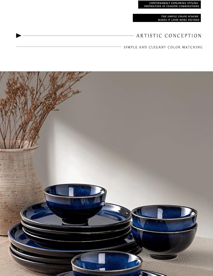 4-piece set, ceramic, natural active glaze plate and bowl set, microwave and dishwasher compatible tableware set, shatterproof and scratch resistant dinner set, irregular edge design, blue