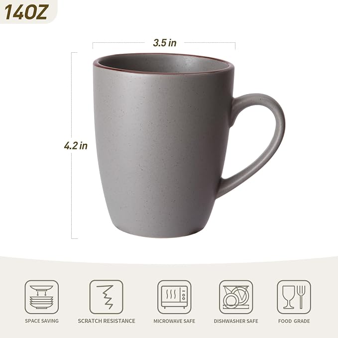 famiware Venus Coffee Mugs for 4, 12 oz Mug Set, Dringking Cup with Handle for Coffee, Tea, Cocoa, Milk, Dark Grey (Pack of 2)