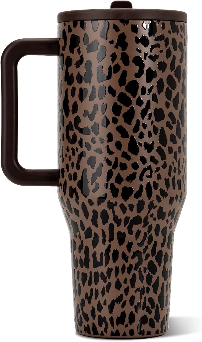 HydroJug Traveler 40oz, Insulated Tumbler with Handle & Straw, Brown Leopard