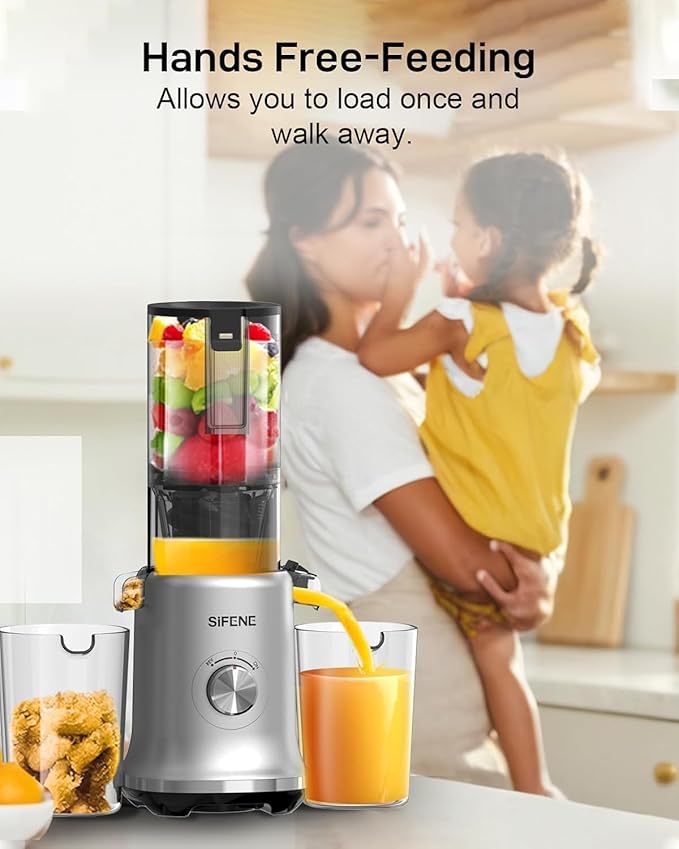 Masticating Juicer Machines, 4.3-Inch Large Feed Chute, High Juice Yield Cold Press Juicer for Whole Fruits and Vegetables, Easy to Clean, Gray