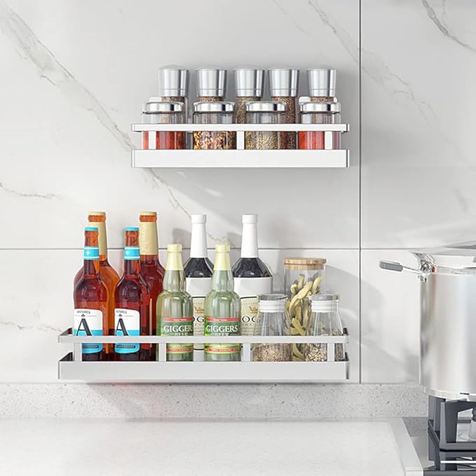 2PCS Kitchen Spice Rack, SUS304 Stainless steel Wall Mount Storage Rack, Seasoning Container, 15.7Inch Spice Organizer, Kitchen Seasoning Hanging Rack, Bathroom Shelf for Storing Toiletries