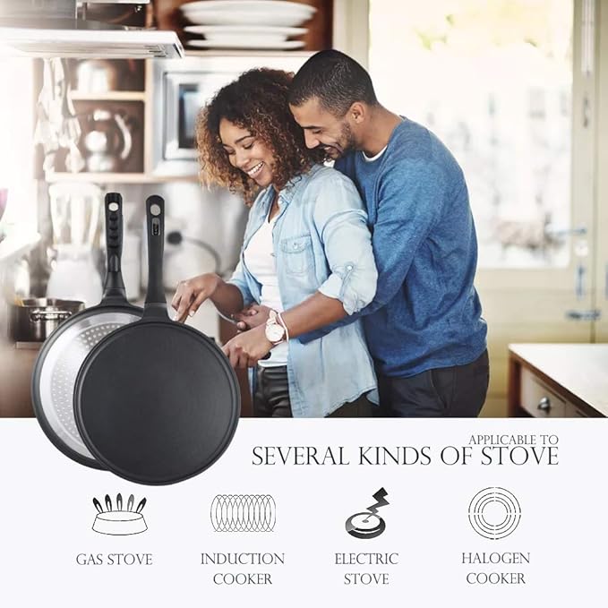 S·KITCHN Crepe Pan Nonstick Dosa Pan for Roti Indian, Non-Stick Pancake Griddle Compatible with Induction Cooktop, Comal for Tortillas - 11IN