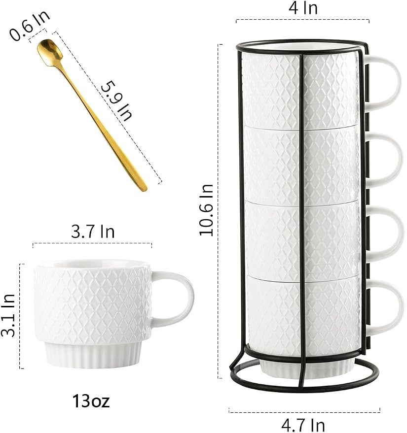 Gomakren Stackable Coffee Mugs Set with Stand, Coffe Cup with Tea Spoon 13 Ounce White Cups for Cappuccino Coffee Drinks Tea, Set of 4, Gift for Father Man Women 380ml