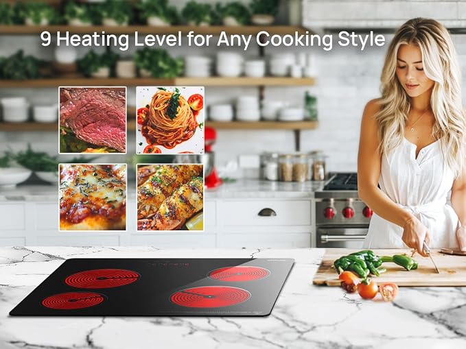 4 Burner Electric Cooktop, TOPWISH 24 Inch, Built-in Electric Stove Top, 220-240v Radiant Cooktop with Child Lock, Touch Control, Residual Heat Indicator, Overheat Protection, Hard Wire (No Plug) | 240V Electric Cooktop 4 Burner Kitchen Stoves, Radiant...