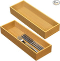 guiogc Set of 2 Bamboo Drawer Organizer, Stackable Utensil Organizer for Kitchen, Bamboo Storage Box Wood Silverware Tray for Drawer