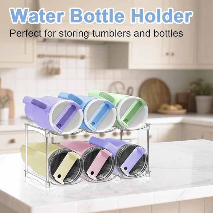 Stackable Water Bottle Organizer - Stanley Cup Holder for Cabinet Large Water Bottle Holder, Kitchen Pantry Organizers and Storage for Stanley Tumbler 40oz, Clear Tumbler Storage Organizer, 2 pack