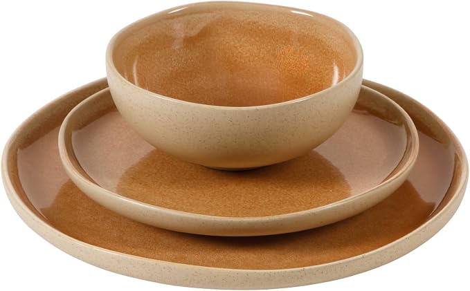 Gibson Elite Manila Bay 12-Piece Stoneware Dinnerware Set, Service for 4, Reactive Glaze Modern Artisan Plates, Bowls & Mugs, Orange, Round Design