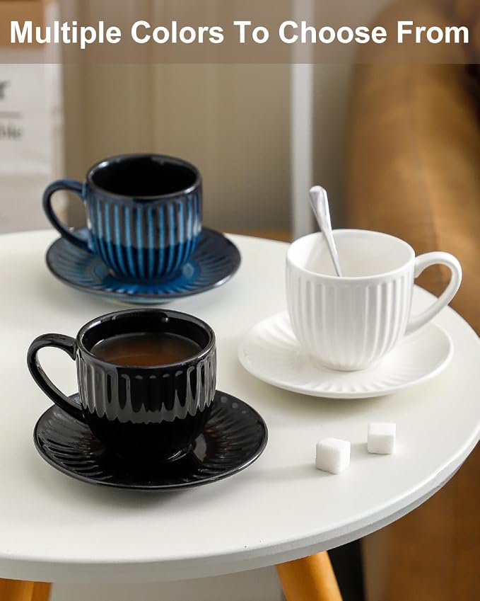 Hasense Porcelain Cappuccino Cups and Saucers Set of 4,White Ribbed 6 Oz Demitasse Tea Cup with big Handle, Mugs Set for Coffee,Tea,Latte and Mocha, Aesthetic Gift for Anniversary or Holiday