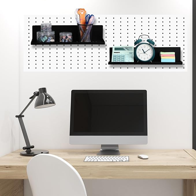 Therwen 4 Pack Magnetic Pegboard Shelves Wall Organizer Metal Pegboard Shelf Steel Tray Accessories Organizing Tools for Craft Home Kitchen(16 x 4.7 x 3.5 Inches,Black)