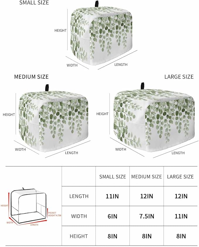Sage Green Eucalyptus Leaves Toaster Cover 2 Slice, Spring Botanical Dustproof Bakeware Oven Protector with Top Hook, Country Waterproof Small Kitchen Appliance Toasters Dust Cover, 11"x6"x8"