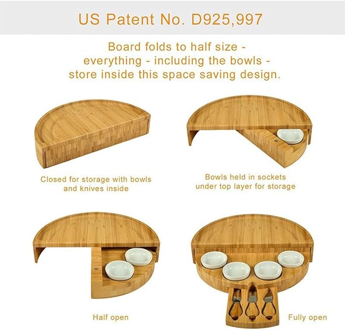 Bamboo Cheese Board Set with Cutlery, Foldable Charcuterie Board with Ceramic Bowls and Knife Set, Portable Serving Tray for Cheese, Steak, Pizza (Half Round with Small Bowl Knife and Fork)