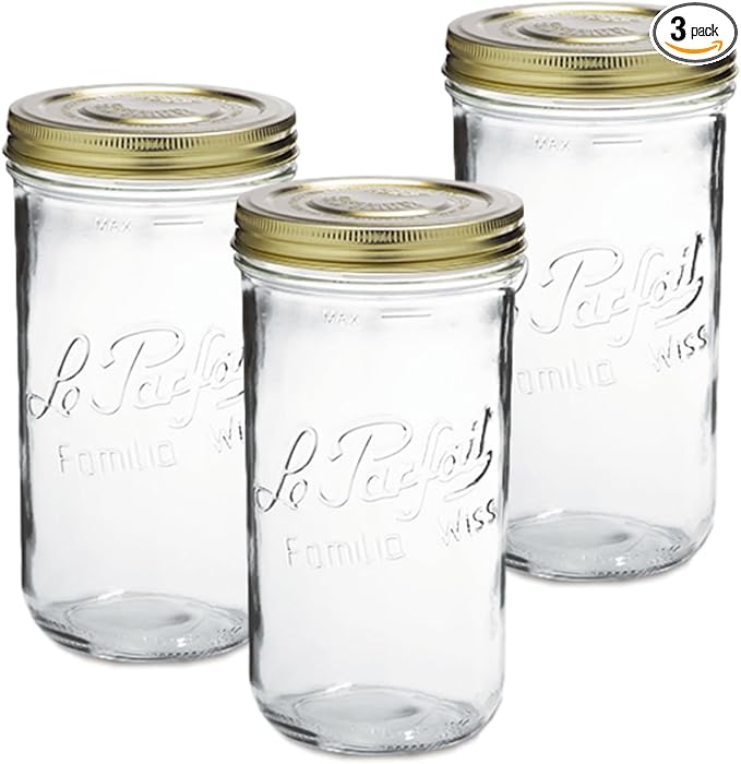 Le Parfait Familia Wiss 48oz (1.5L) Wide Mouth Glass Canning Jars – 3PK Made in France, Airtight 2-Piece Lid, Reusable Zero Waste & Eco-Friendly for Kitchen Storage, Meal Prep & Fermentation