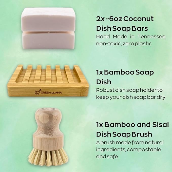 Green Llama Dish Washing Bar Soap Set with 2 Solid Coconut Oil Bars, Sisal Scrub Brush & Bamboo Holder, Fragrance-Free Kitchen Cleaning Set