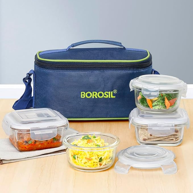 Borosil Blue Universal Glass Lunchbox 320 ml x 2 (+) 240 ml x 2