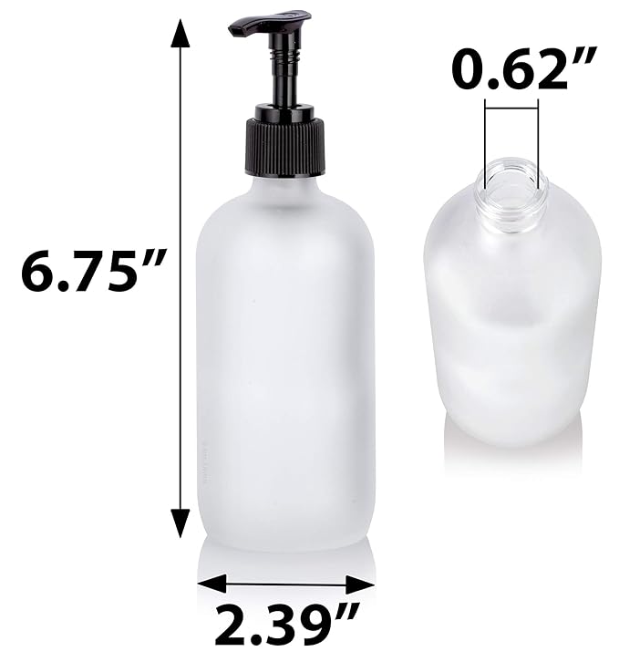 JUVITUS (12 pack) 8 oz / 240 ml Frosted Clear Glass Boston Round Empty Bottle with Black Lotion Pump
