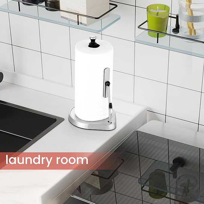 Dailyart Paper Towel Holder for One Hand Tear - Countertop with Tension Arm & Non Slip Weighted Base, Stainless Steel Paper Towel Holder Stand for Kitchen Bathroom, Black