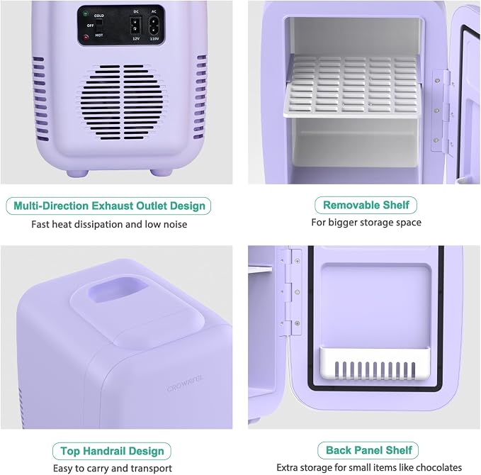 CROWNFUL Mini Fridge, 4 Liter/6 Can Portable Cooler and Warmer Personal Refrigerator for Skin Care, Cosmetics, Beverage, Food,Great for Bedroom, Office, Car, Dorm(Purple)