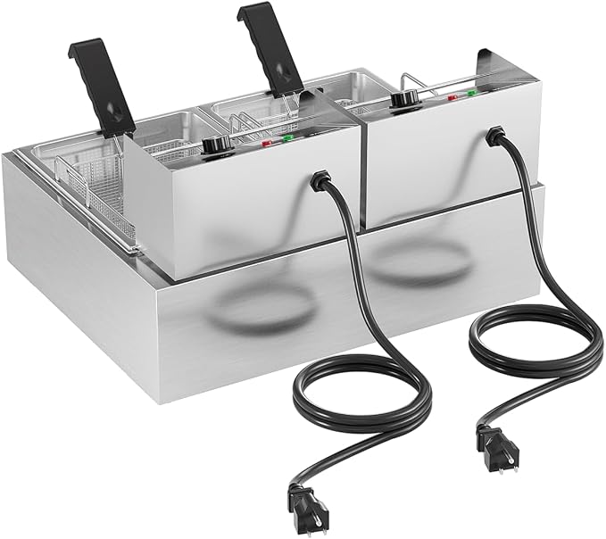 Commercial Deep Fryer with Basket 21QT/20L Stainless Steel Large Capacity | 3400W, 2 Independent Baskets, Countertop, Commercial & Home Use