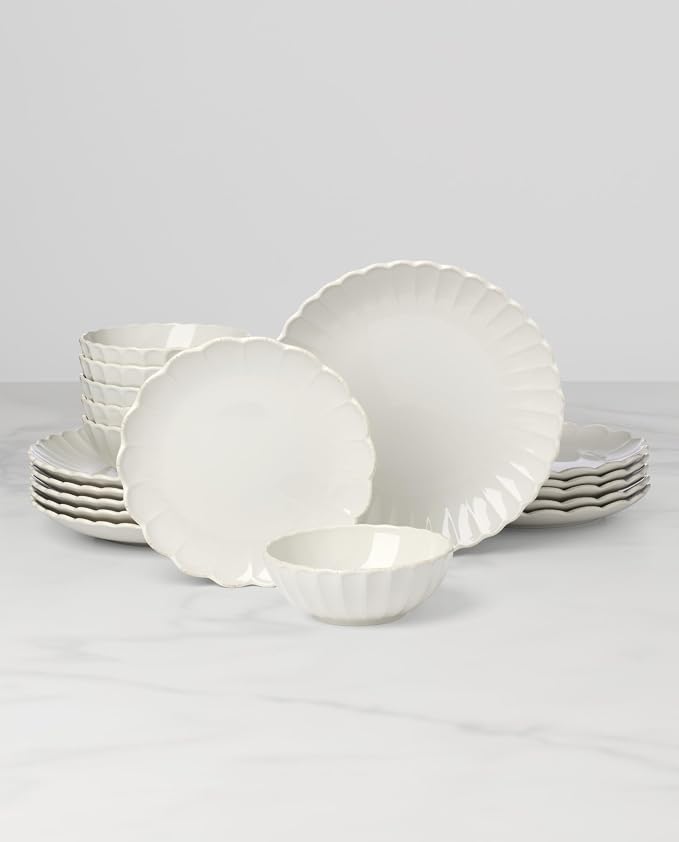 Lenox Dinnerware Sets, French Perle Scallop White 18-Piece Dinnerware Set, Service For 6, Stoneware Material, Dishwasher Safe, Microwave Safe, Bowls, Plates And Bowls, Dinner Dishes (White, 18 Piece)