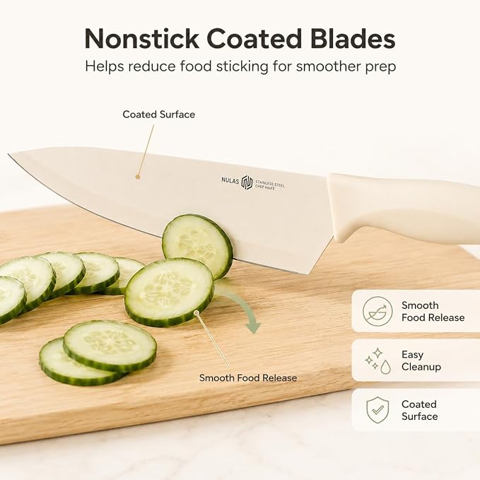 17-Piece Kitchen Knife Set with Block and Built-in Sharpener, High-carbon German Stainless Steel, Non-stick Anti-rust Coatings, Ergonomic Handles, Cream