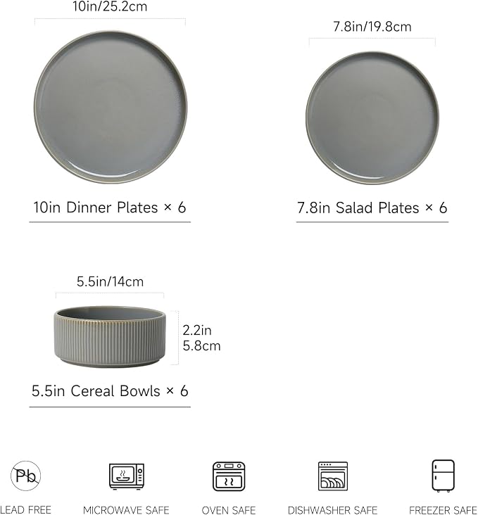 MONITO Ceramic Dinnerware Sets for 6, 18PCS Stoneware Plates and Bowls Sets, Reactive Glaze Dish Set, Chip and Scratch Resistant Double, Microwave and Dishwasher Safe, Sage Mist