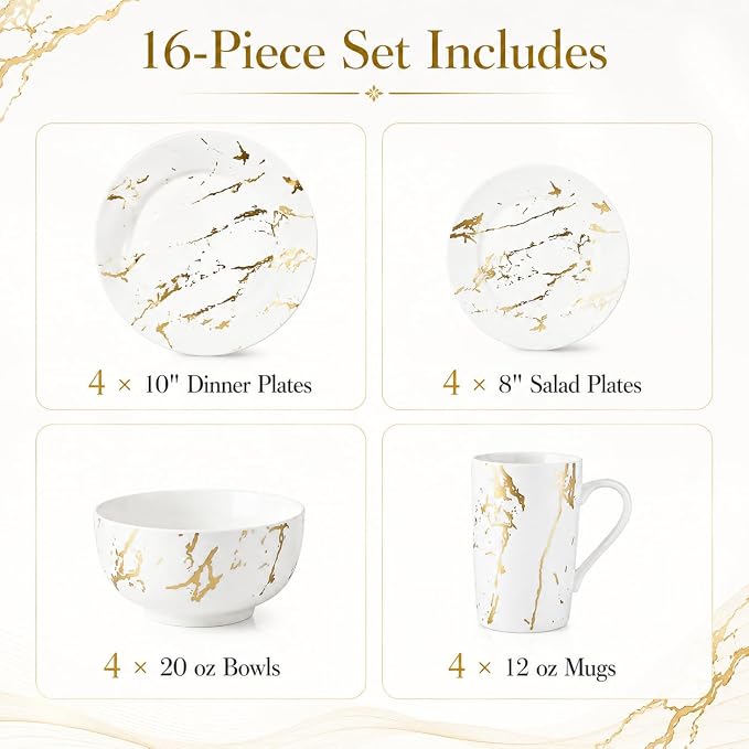 White and Gold Dinnerware Set for 4, 16-Piece Porcelain Plates and Bowls Set with Gold Trim, Modern Ceramic Dish Set for Home Dining and Gifts